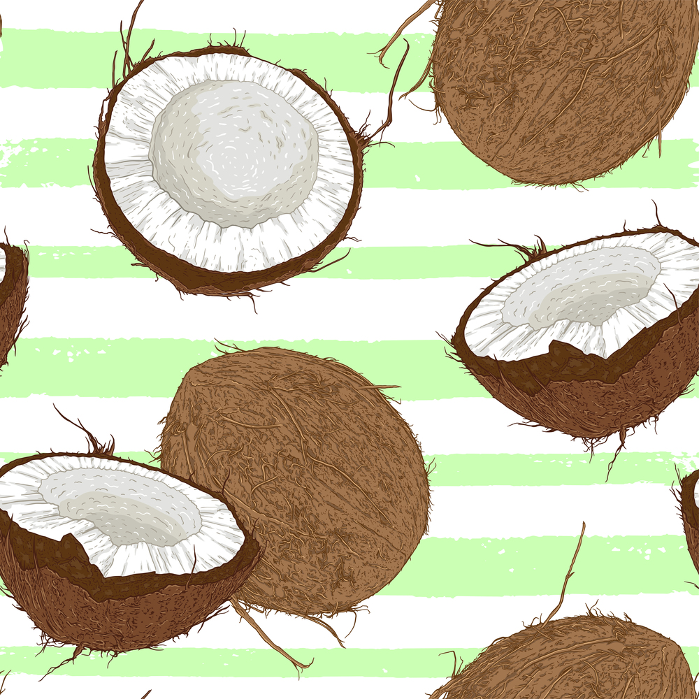 Seamless pattern with coconuts and green palm leaves on a white background. Vector illustration