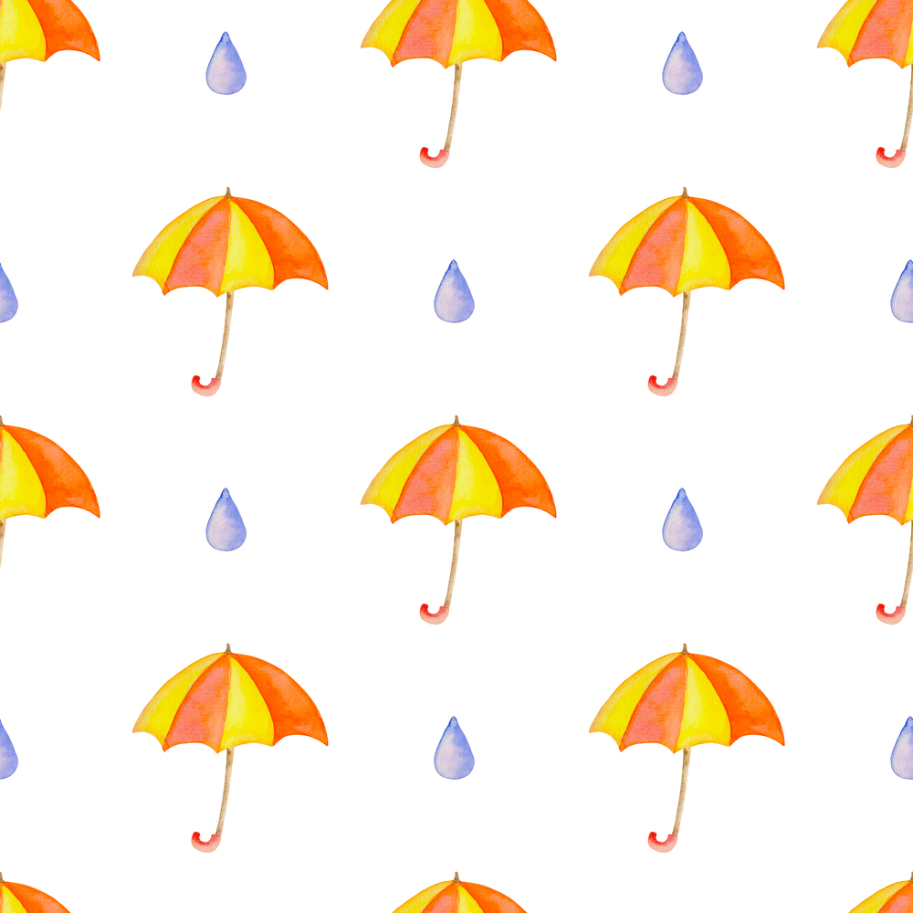 Watercolor autumn seamless pattern with orange umbrella and raindrops. Hand drawn background