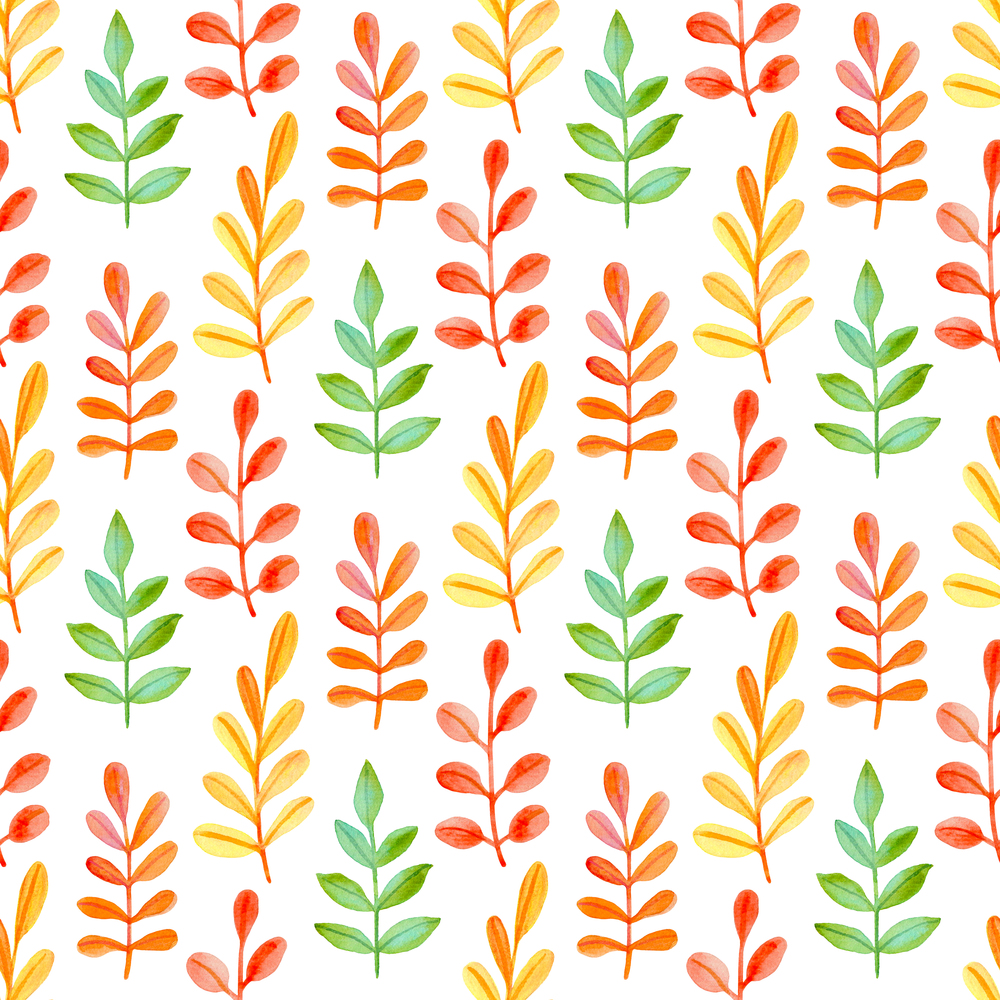 Watercolor autumn floral seamless pattern with orange and green leaves. Hand drawn nature background