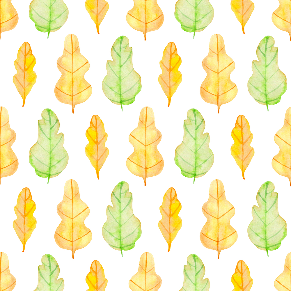 Watercolor autumn floral seamless pattern with green and yellow oak leaves. Hand drawn nature background