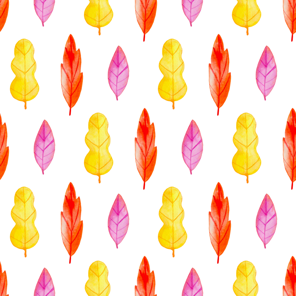 Watercolor autumn floral seamless pattern with bright orange and yellow leaves. Hand drawn nature background