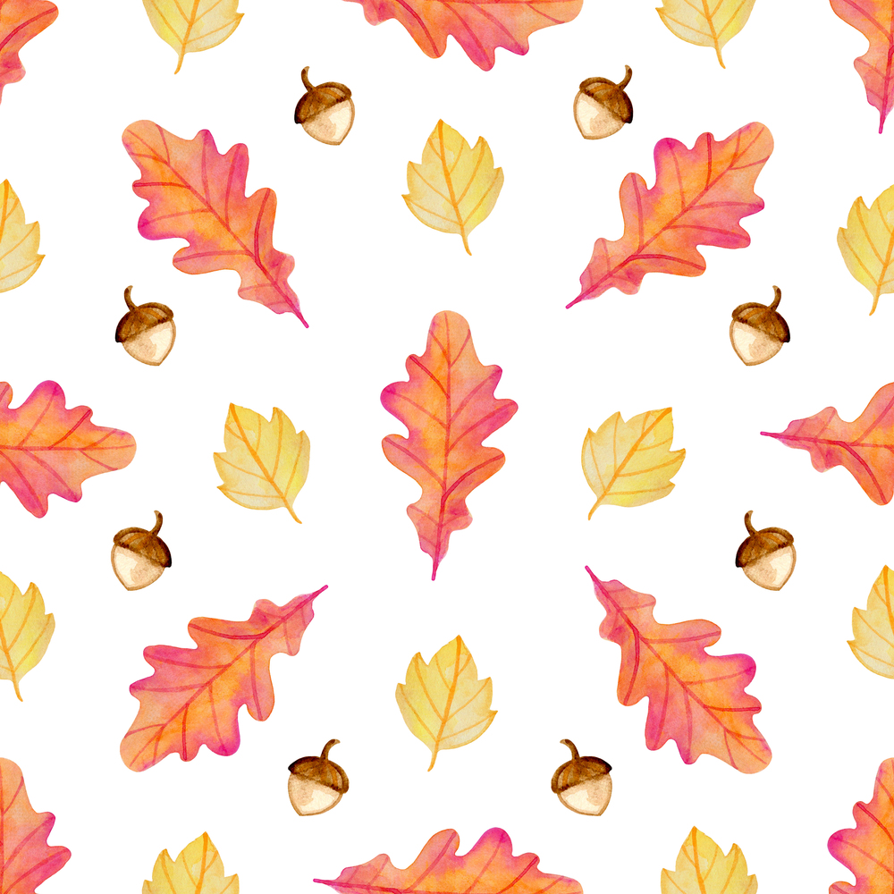 Watercolor autumn floral seamless pattern with acorns and orange oak leaves. Hand drawn nature background