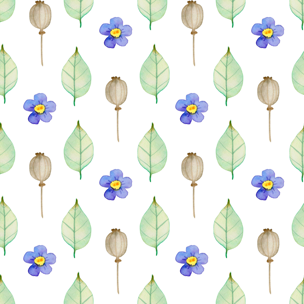 Watercolor autumn floral seamless pattern with green leaves, violet flowers and poppy seeds. Hand drawn nature background