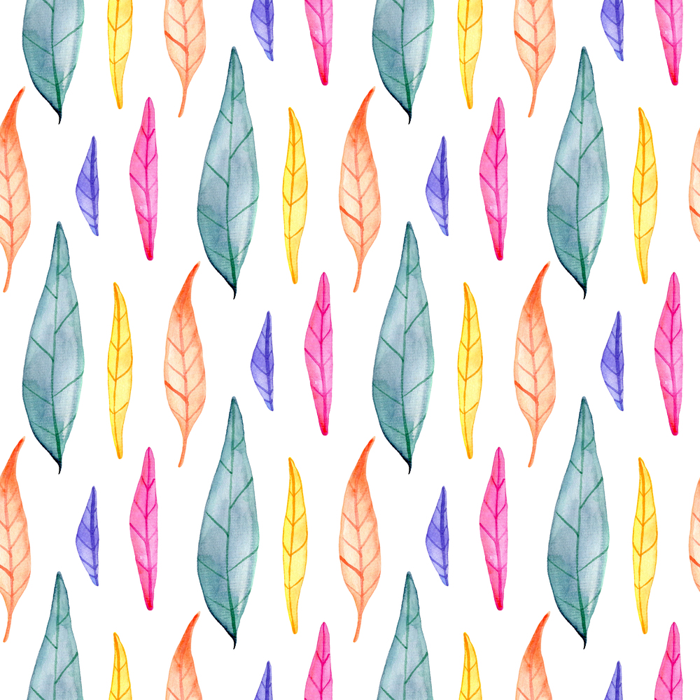 Watercolor autumn floral seamless pattern with bright multicolored leaves. Hand drawn nature background
