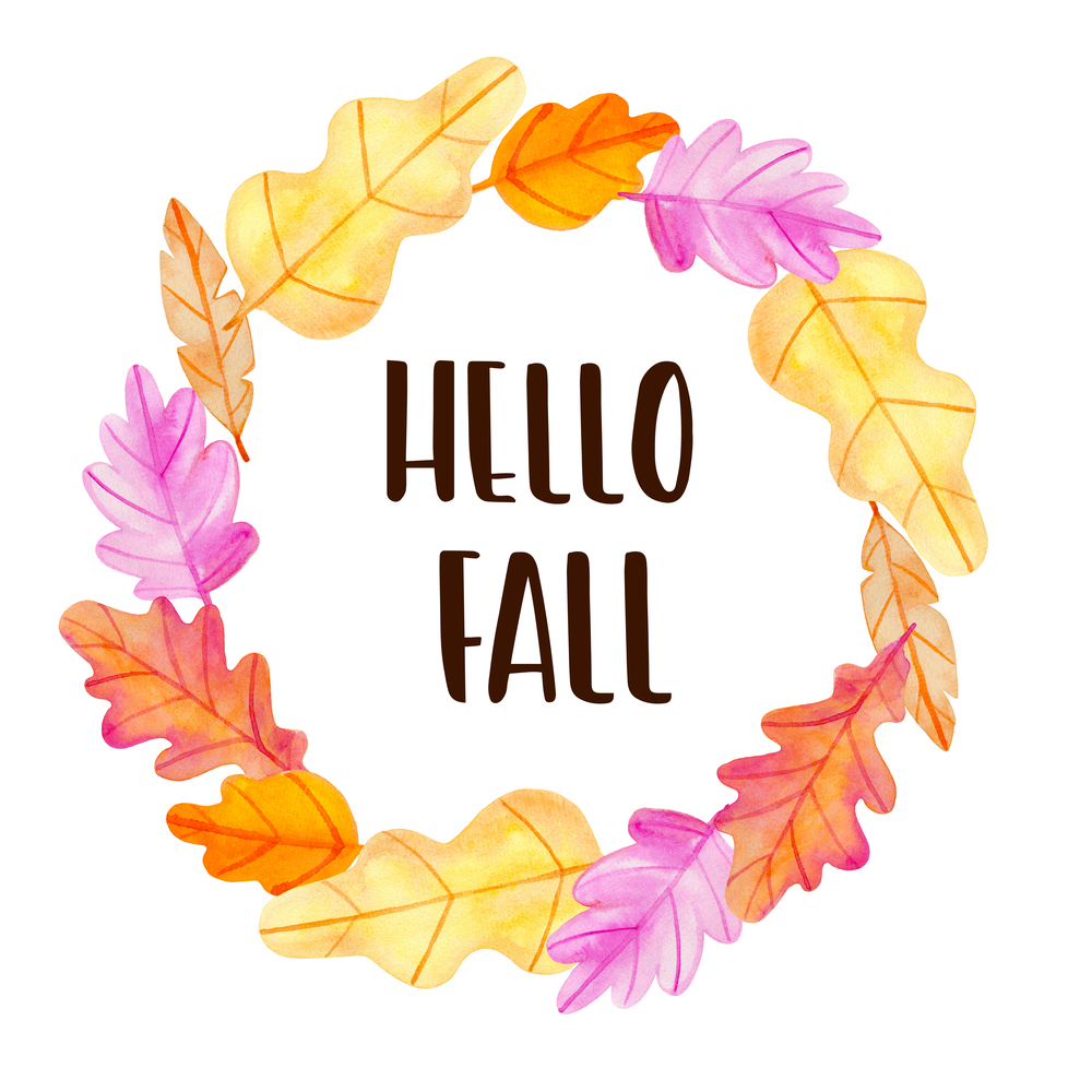 Watercolor autumn floral frame of oak leaves on a white background.  Hand drawn illustration. Hello fall lettering