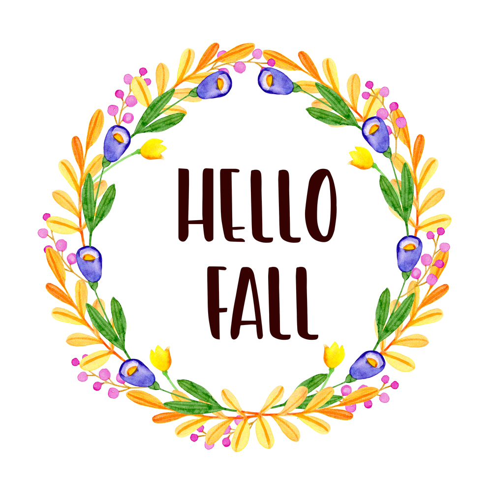 Watercolor autumn floral frame. Violet flowers and orange leaves on a white background.  Hand drawn illustration. Hello fall lettering
