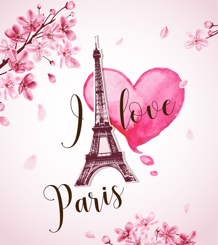 Romantic Valentine background with red watercolor heart, Eiffel Tower and flowering cherry branch