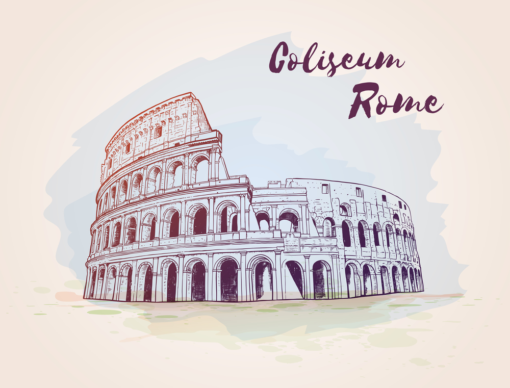 Coliseum in Rome, Italy. Ancient architecture. Vintage hand drawn vector illustration