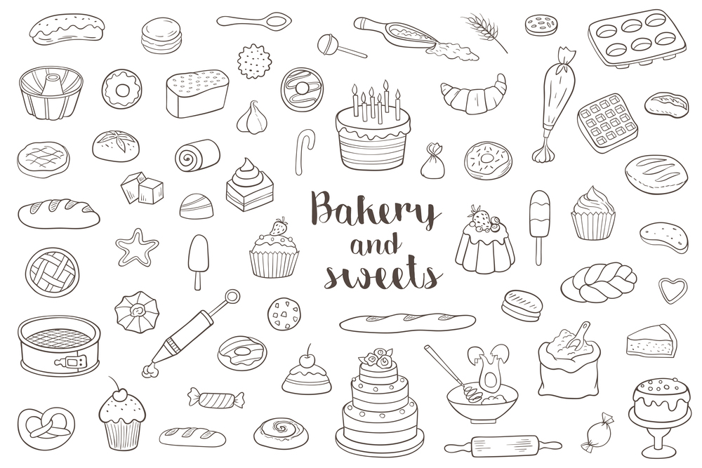 Set of hand drawn bakery and sweets doodles on a white background. Vector illustration