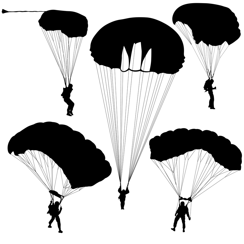 Set skydiver, silhouettes parachuting on white background.. Set skydiver, silhouettes parachuting on white background