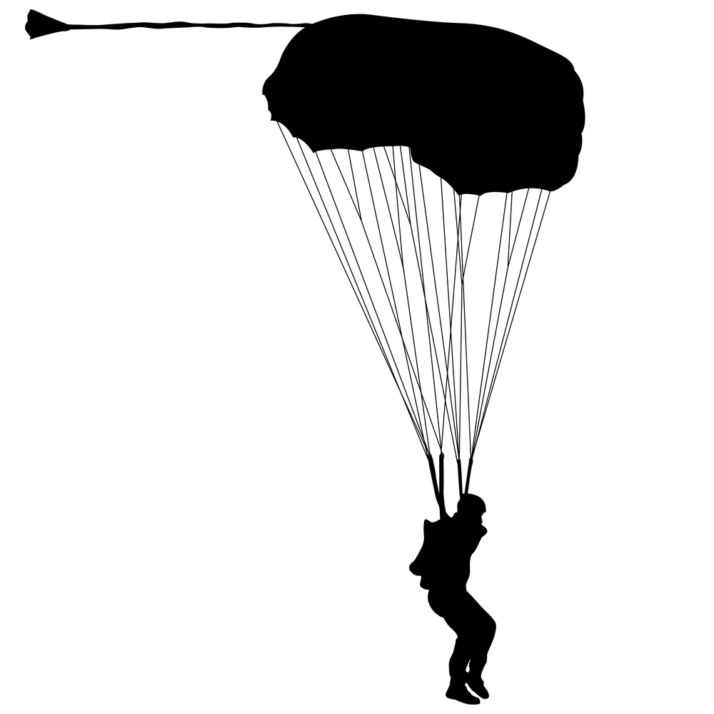Skydiver, silhouettes parachuting on white background.. Skydiver, silhouettes parachuting on white background