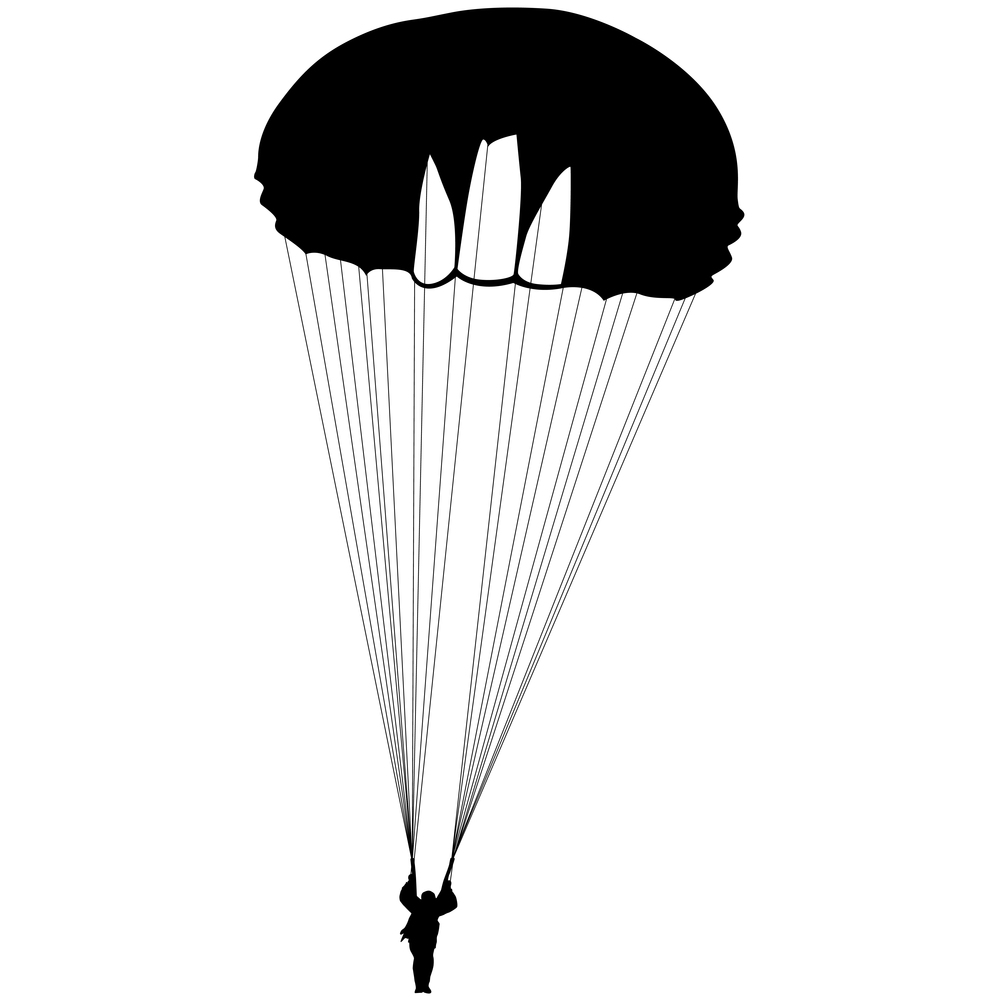 Skydiver, silhouettes parachuting on white background.. Skydiver, silhouettes parachuting on white background