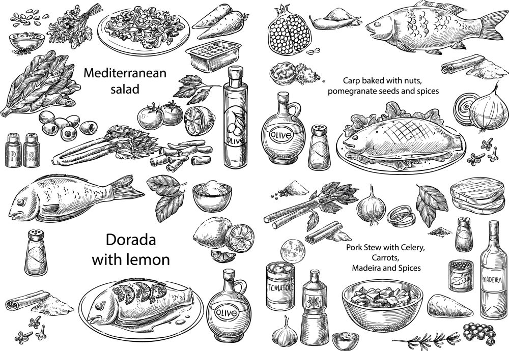 Creative conceptual vector set. Sketch hand drawn different mediterranean dishes salad chicken fish pork stew vegetables seafood illustration, engraving, ink, line art, vector.