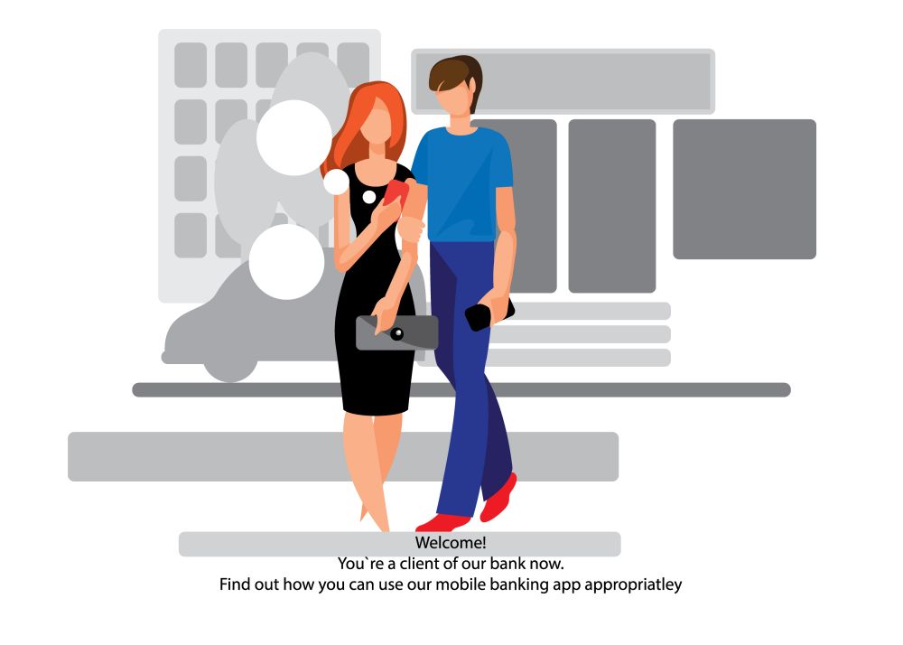 Creative conceptual business banking finance vector illustration. Man and woman standing together using mobile banking app.