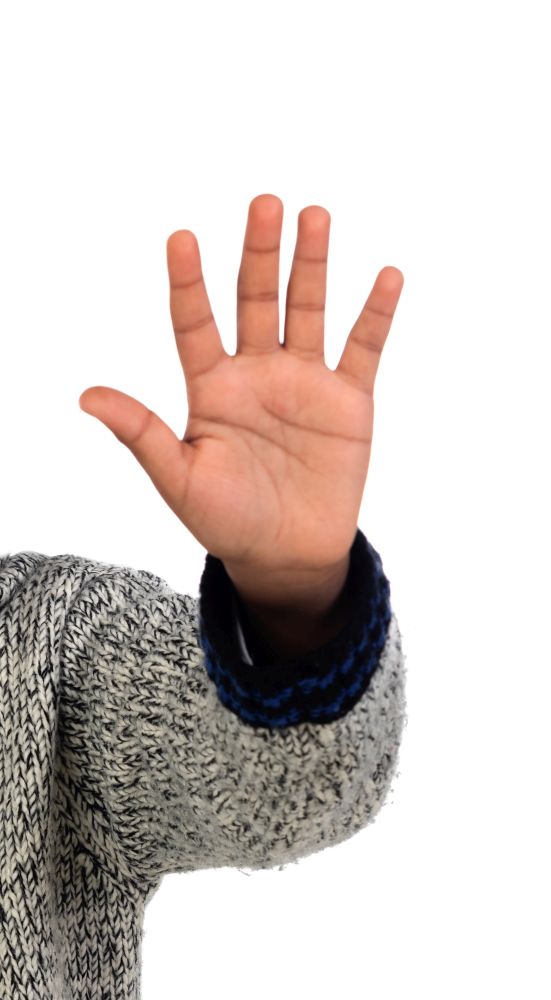 Agrican hand of a boy showing his five fingers isolated on a white background