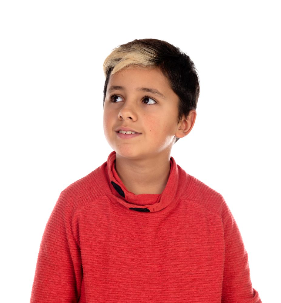 Pensive child with ten years and wick on his hair isolated on a white background