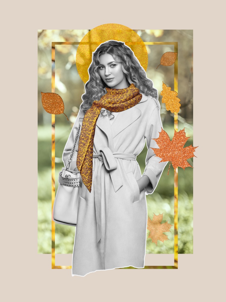 Abstract art collage of young woman in white coat. Autumn concept fashion art design in a modern style