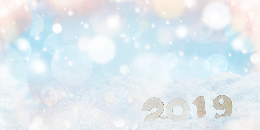 Sigh symbol of Happy new year 2019 holiday or Christmas , snow and bokeh lights background with copy space for text. New year 2019 holiday