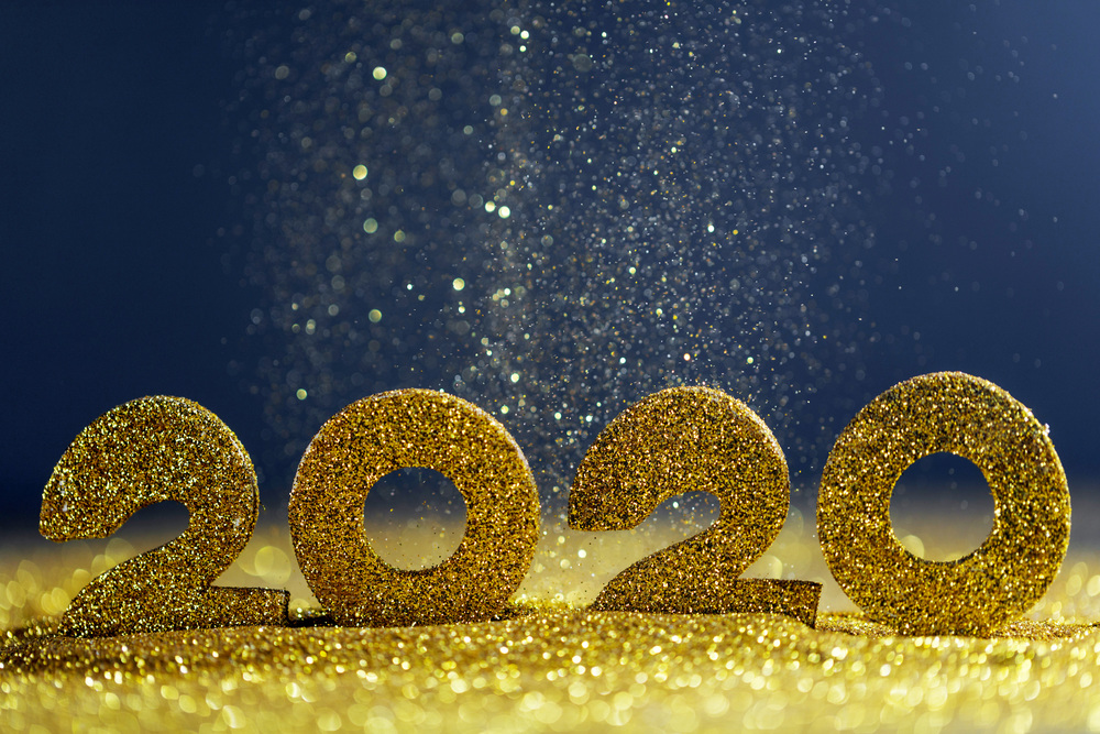2020 New Year luxury design concept. Golden 2020 New Year horizontal template with golden glitter on blue backgound. 2020 New Year luxury design