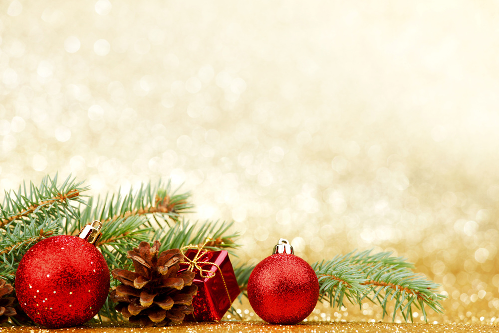 Christmas card with fir and decor on glitter background. Christmas card with decor