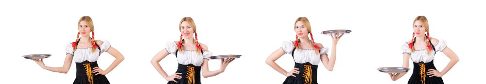 Young waitress with tray on white