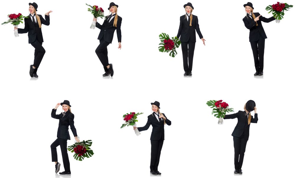 Businesswoman with bunch of flowers isolated on white