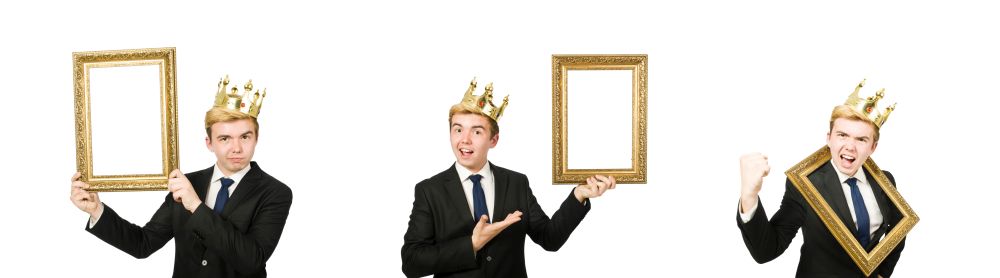 Man with picture frame isolated on the white