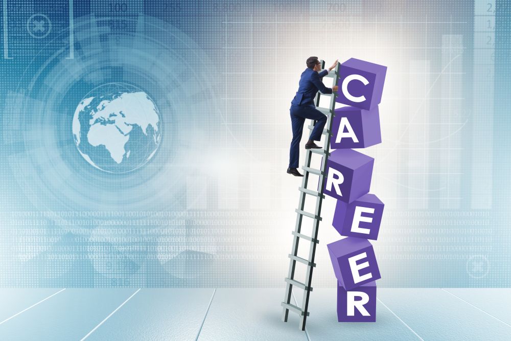 The career concept with businessman on top of blocks. Career concept with businessman on top of blocks