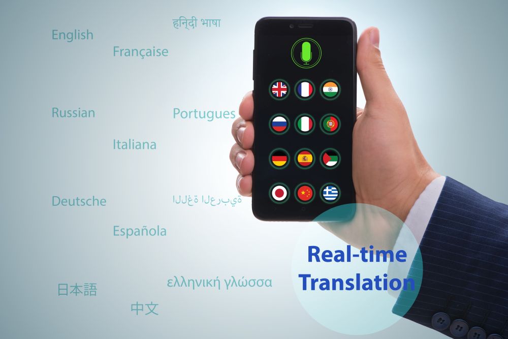 The concept of real time translation with smartphone app. Concept of real time translation with smartphone app