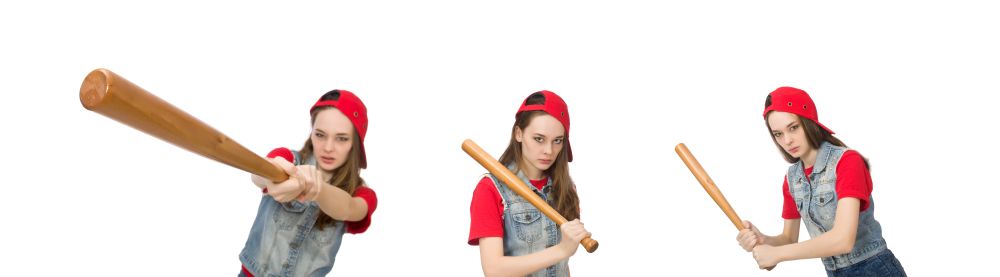 The pretty girl holding baseball bat isolated on white. Pretty girl holding baseball bat isolated on white