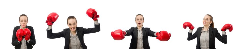 The businesswoman with boxing gloves isolated on white. Businesswoman with boxing gloves isolated on white