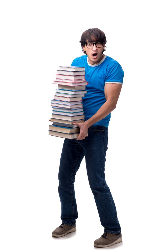 The male student with many books isolated on white. Male student with many books isolated on white