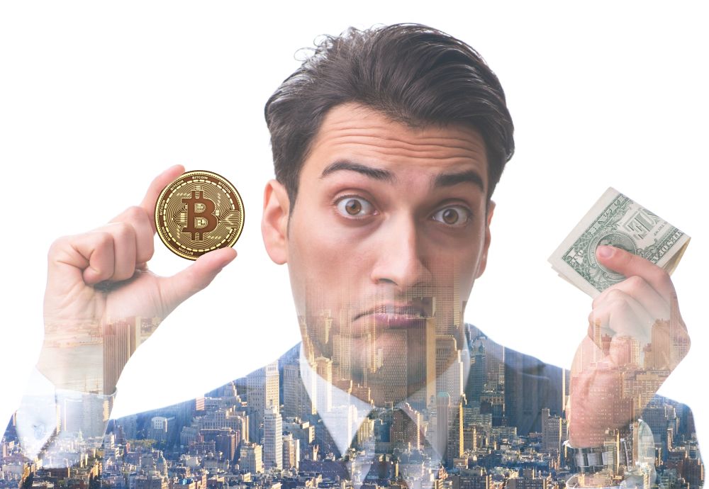 The businessman in bitcoin price increase concept. Businessman in bitcoin price increase concept