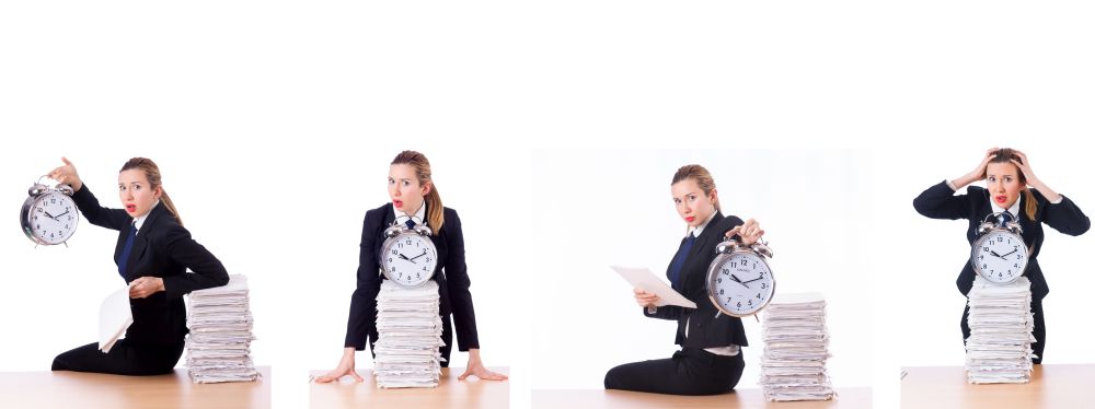 The woman businesswoman with clock and papers. Woman businesswoman with clock and papers