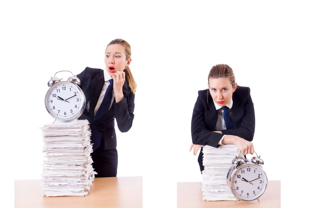 The woman businesswoman with clock and papers. Woman businesswoman with clock and papers