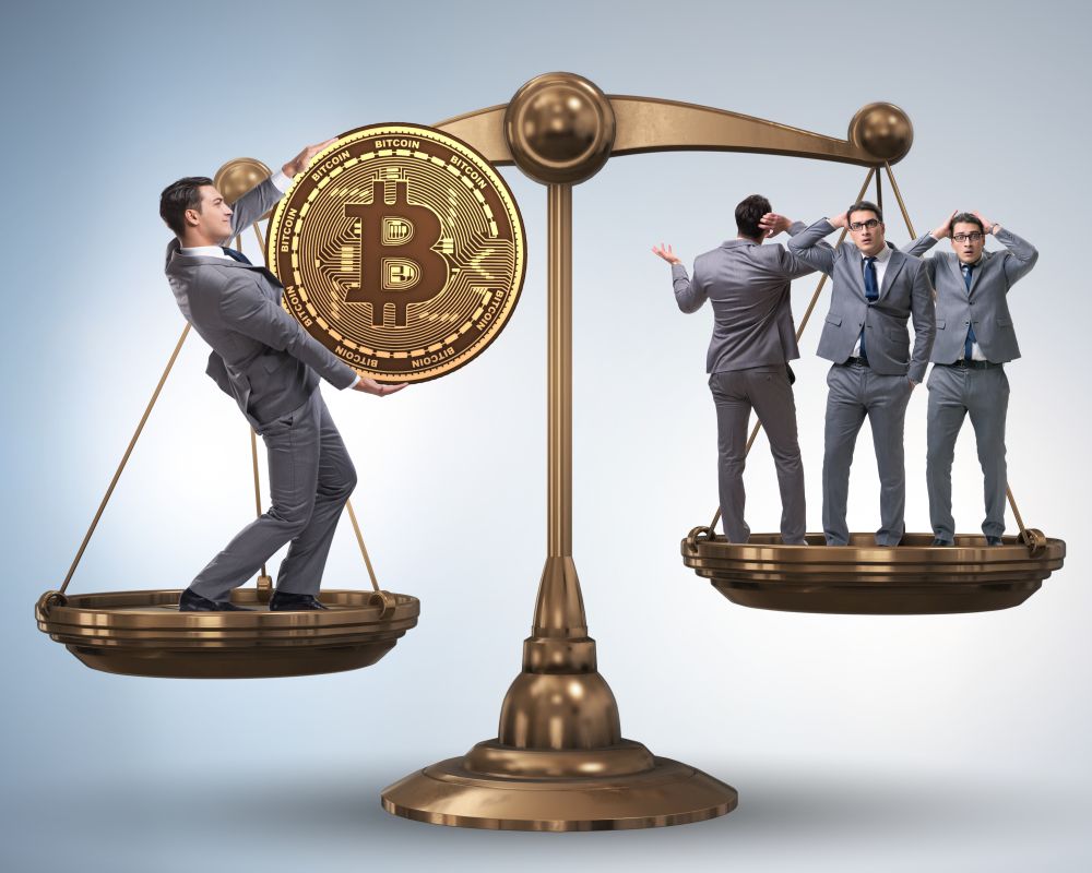 The businessman on scales with bitcoins and other businessmen. Businessman on scales with bitcoins and other businessmen