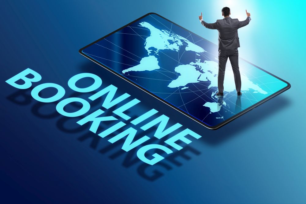 The concept of online booking with businessman. Concept of online booking with businessman