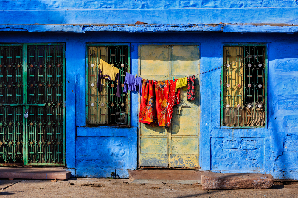 Vivid blue-painted house Jodphur the Blue City, Rajasthan, India. Blue house in Jodhpur, Rajasthan