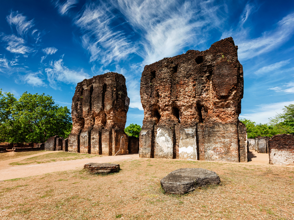 Ancient Royal Palace ruins - tourist landmark. Pollonaruwa, Sri Lanka. Royal Palace ruins
