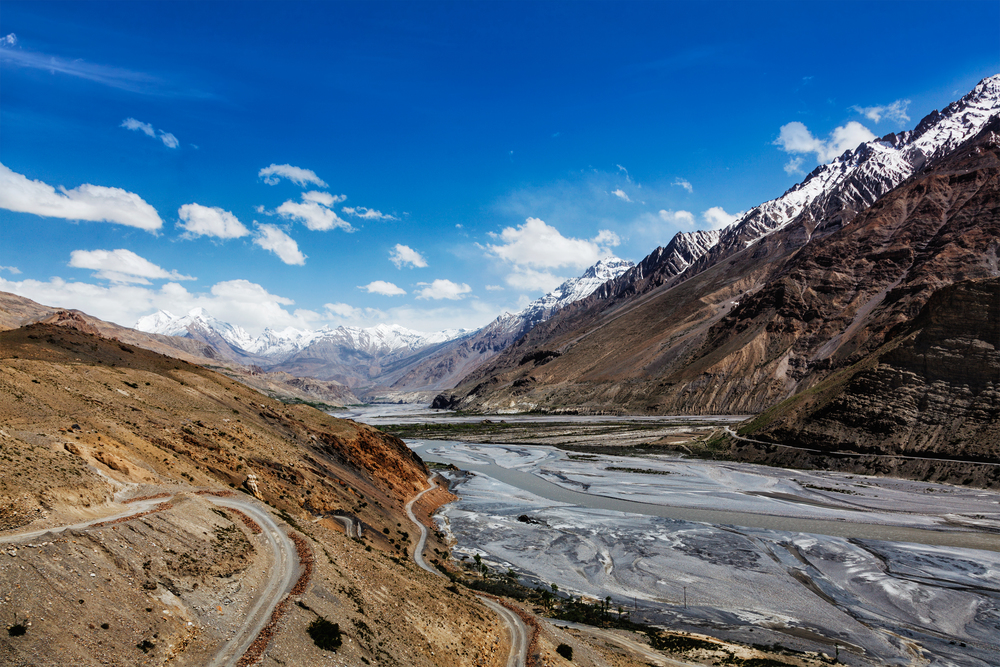 Travel Himalayas background - Spiti Valley in Himalayas. Himachal Pradesh, India. Spiti valley and river in Himalayas