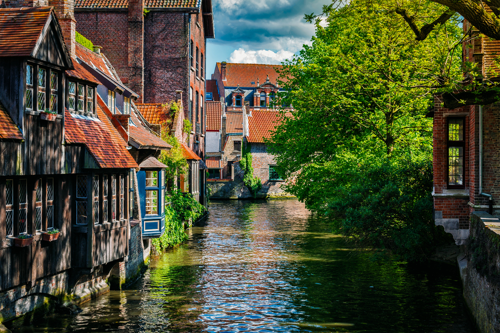Europe travel background - canal and medieval houses. Bruges (Brugge), Belgium. Bruges Brugge town, Belgium