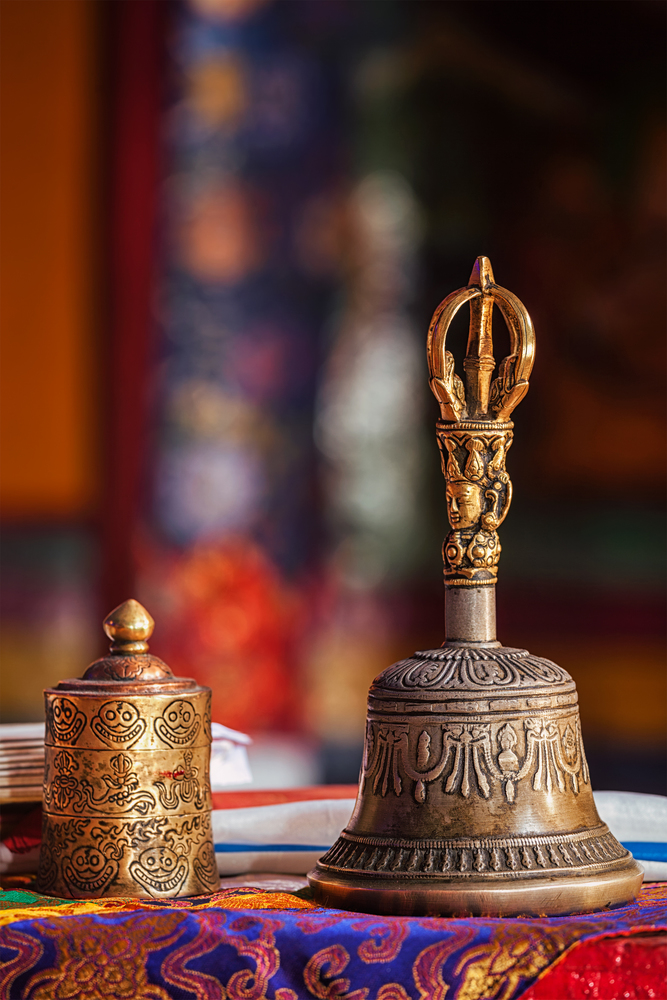 Religious bell in Spituk Gompa (Tibetan Buddhist monastery). Ladakh, India. Religious bell in Buddhist monastery