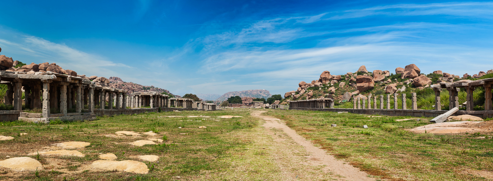 Ancient ruins of Hampi and Sule Bazaar, Hampi, Karnataka, India. Panorama. Ancient ruins of Hampi, India