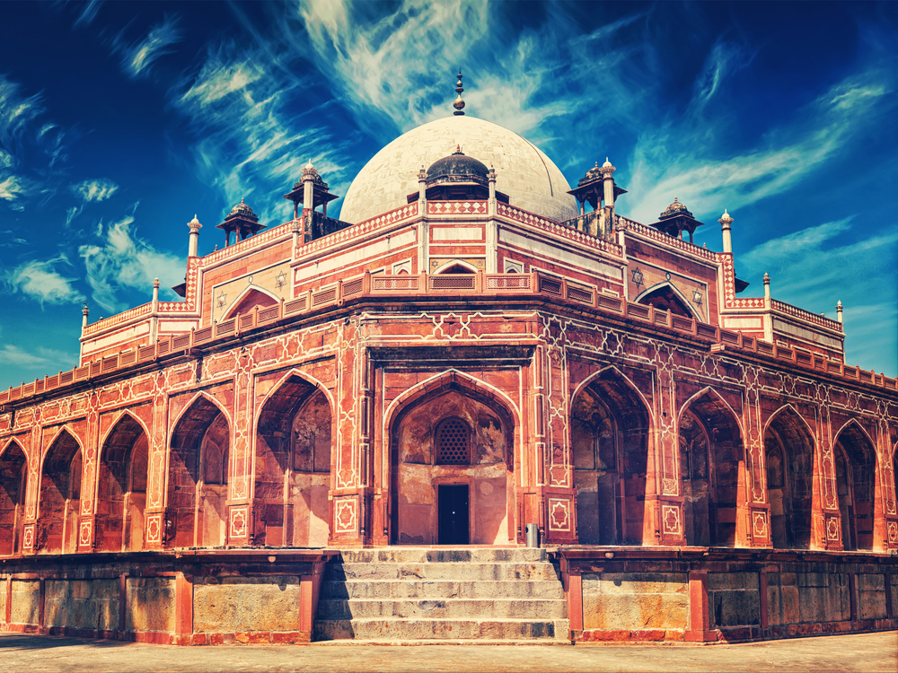 Vintage retro effect filtered hipster style image of famous tourist indian landmark Humayun&rsquo;s Tomb. Delhi, India. UNESCO World Heritage Site. Frontal View. Humayun&rsquo;s Tomb. Delhi, India