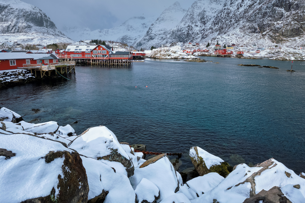 Traditional fishing village A on Lofoten Islands, Norway with red rorbu houses. With snow in winter. "A" village on Lofoten Islands, Norway
