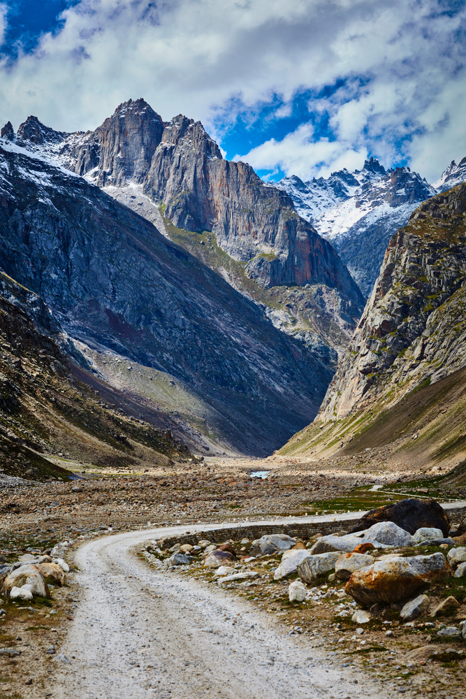 Road in Lahaul Valley in Himalayas. Himachal Pradesh, India India. Road in Lahaul Valley, India