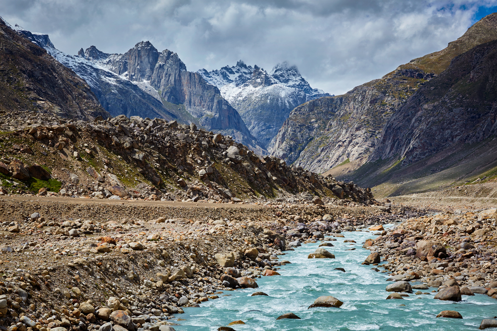Chandra River in Lahaul Valley in Himalayas, Himachal Pradesh, India India. Chandra River in Lahaul Valley in Himalayas