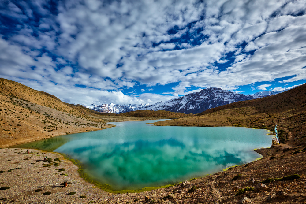 Dhankar mountain lake in Himalayas. Dhankar, Spiti valley, Himachal Pradesh, India. Dhankar lake in Himalayas