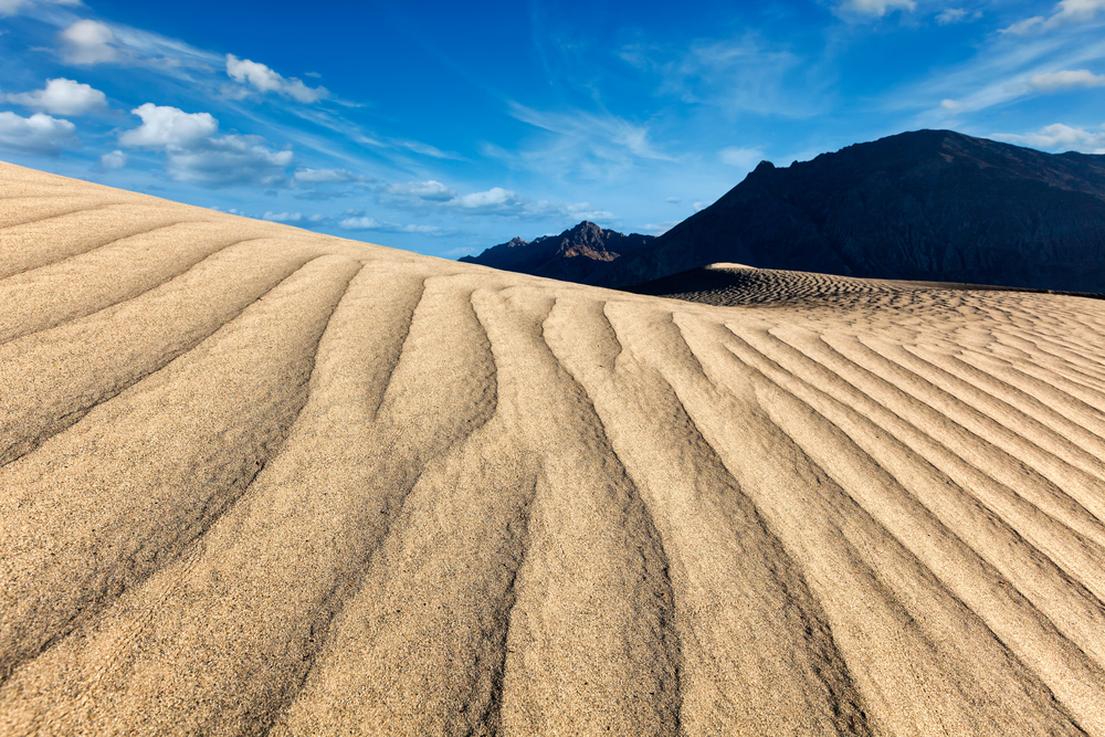 Sand dunes in Nubra valley in Himalayas. Hunder, Nubra valley, Ladakh. Sand dunes in mountains