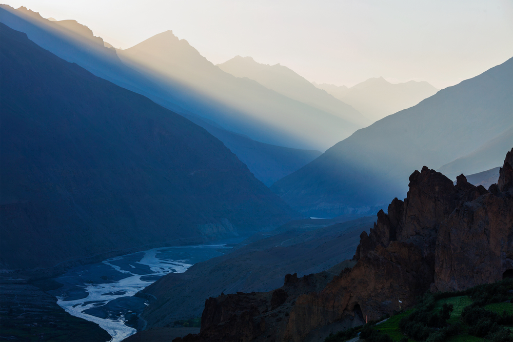 Spiti valley in rays of the setting sun. Spiti valley, Himachal Pradesh, India. Spiti valley , Himachal Pradesh, India